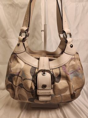 Coach Beige Canvas Hobo with Cream Leather Trim